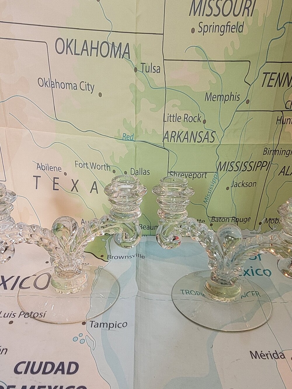 Set Of 2 Vintage Glass Fleur-de-Lis Candelabras